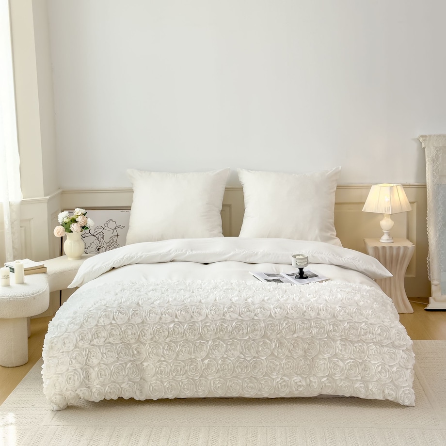 komplet pościeli "bella rosa" z aplikacją 3d róże mikrofibra 160x200 | biały