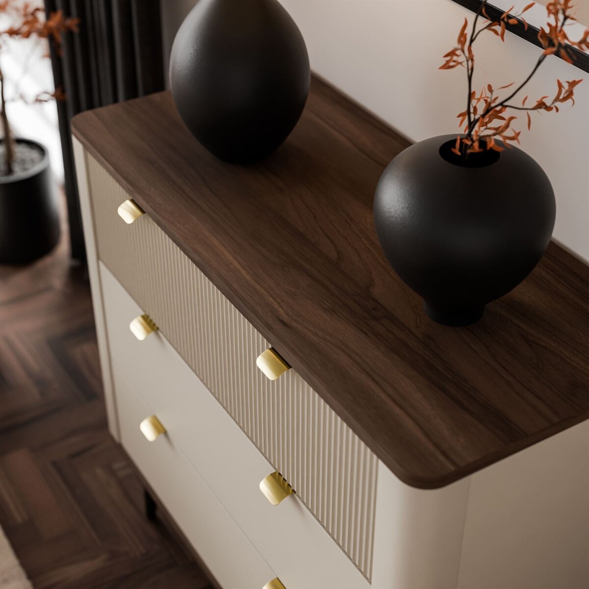 Komoda do salonu AUTUMN 3S na wysokich nóżkach, kaszmir / orzech