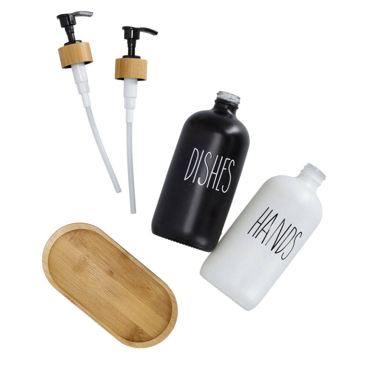 Zestaw dozowników na płyn i mydło z bambusową podstawką, 2 x 500 ml