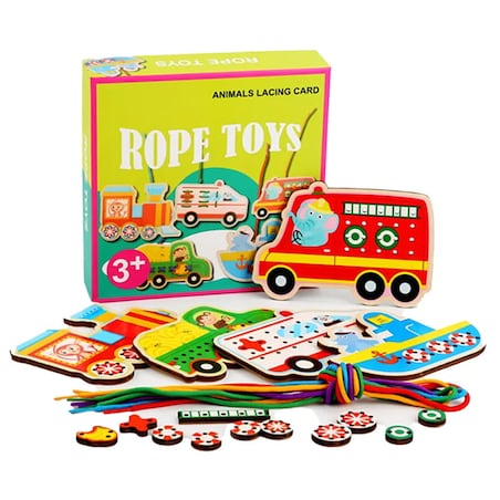Puzzle drewniane Montessori - sznurówki - nauka wiązania Pojazdy