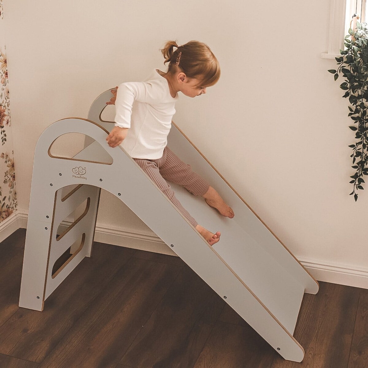 MeowBaby® Drewniana Zjeżdżalnia dla Dziecka do pokoju 87x46cm Montessori, Szara