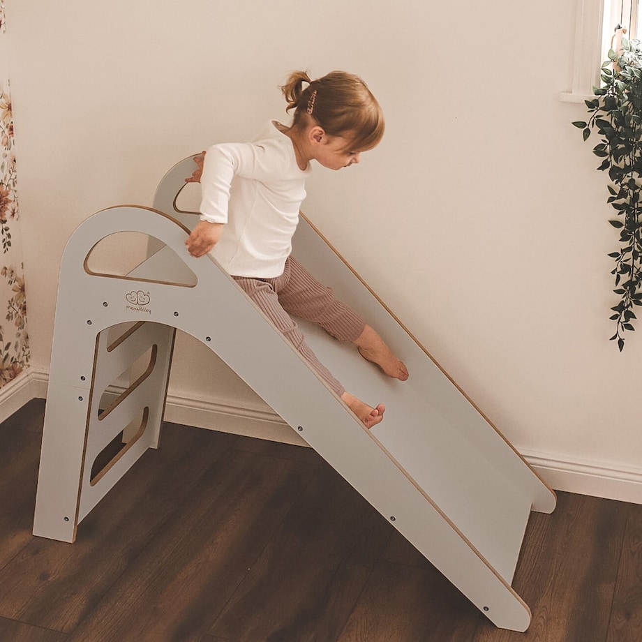 MeowBaby® Drewniana Zjeżdżalnia dla Dziecka do pokoju 87x46cm Montessori, Szara