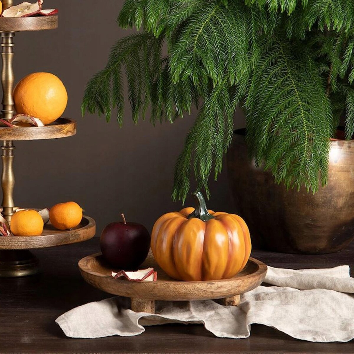 PATERA NA NÓŻKACH OWOCE WARZYWA BABECZKI CIASTO DREWNIANA MANGO BOHO 25cm