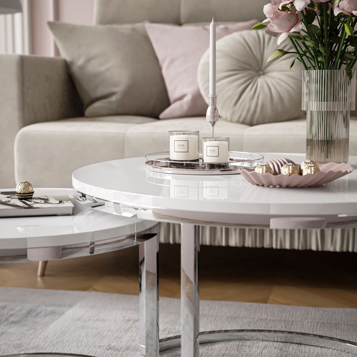 Okrągła ława 2w1 CIRI chrom biały połysk