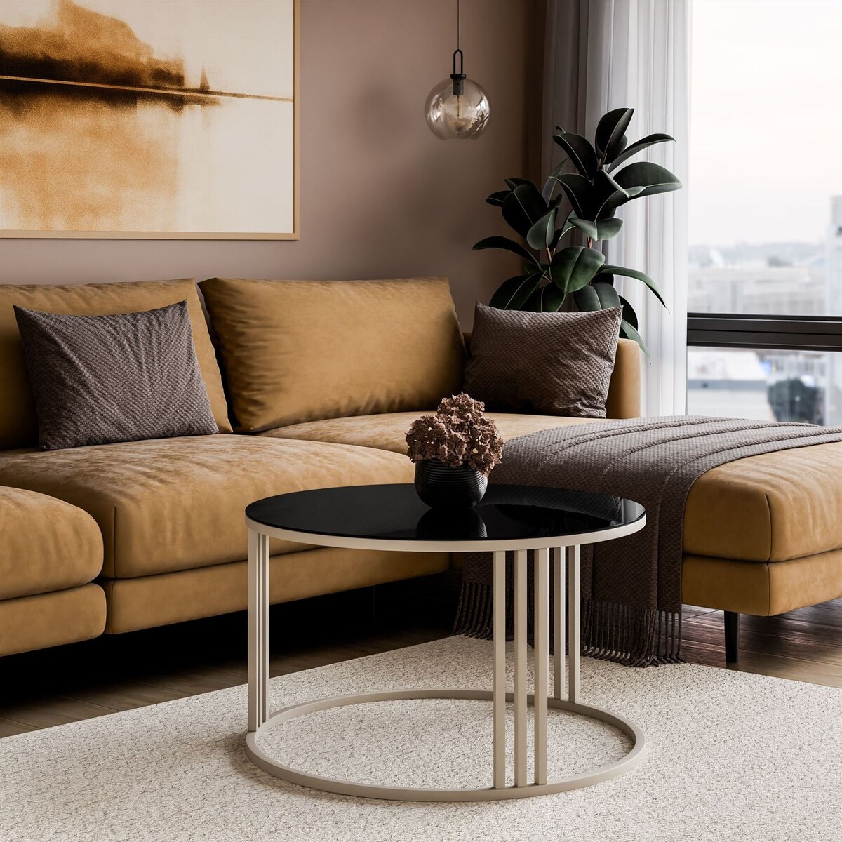 Okrągły stolik kawowy LORI GLASS na kaszmirowym stelażu, blat czarne szkło