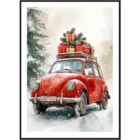 Poster Story, Plakat, Obraz - Świąteczna Podróż Czerwonym Garbusem z Prezentami, wymiary 30 x 42 cm