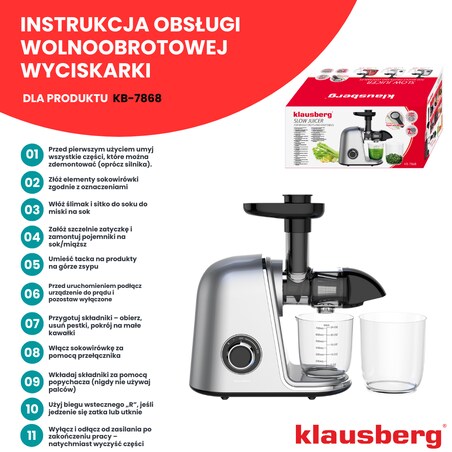 Sokowirówka wolnoobrotowa 150W do owoców i warzyw COLD PRESS KLAUSBERG KB-7868