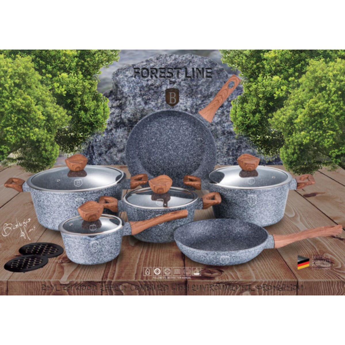 Zestaw garnków z powłoką granitową 18 elementów BERLINGER HAUS Forest Line