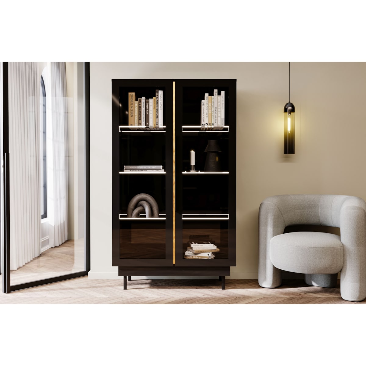 Elegancka czarna witryna Dancan ARTEMISA ze złotymi dodatkami