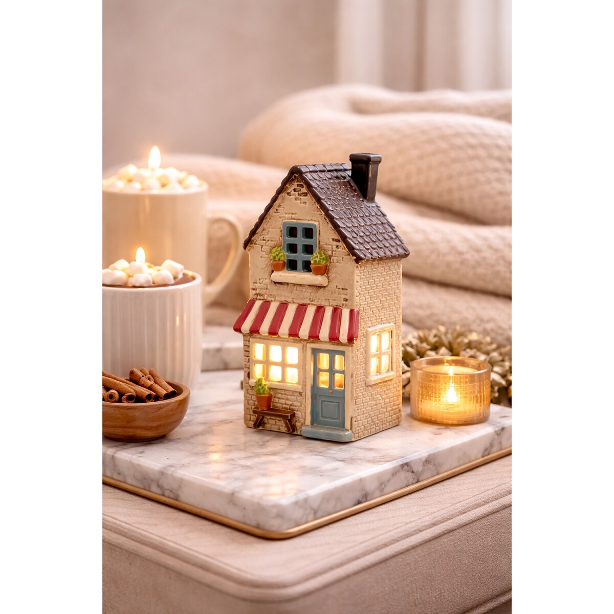 Ceramiczny domek na tea-lighty 25x10,5x7,5 cm DOMETTO beżowy