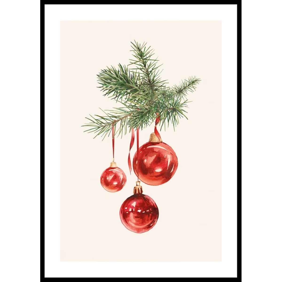 Poster Story, Plakat, Obraz - Czerwone Bombki na Gałązce, wymiary 30 x 42 cm