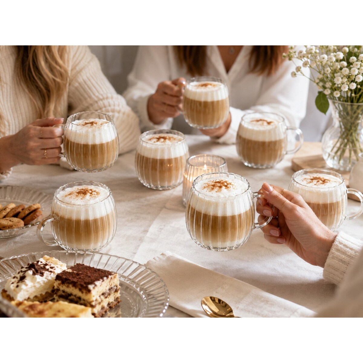 KOMPLET 6szt SZKLANEK z uchem FALA bańka 400 ml na kawę herbatę latte kubek