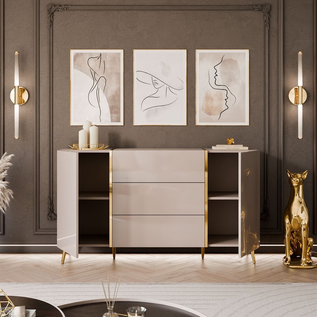 Komoda ONYX kaszmir połysk na nózkach 158 cm push to open