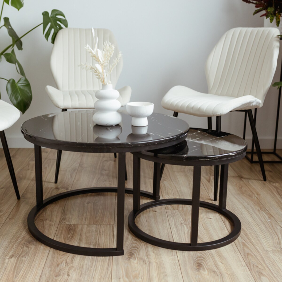 Stolik kawowy okrągły 2w1 biały marmur zestaw 2 stolików kawowych glamour
