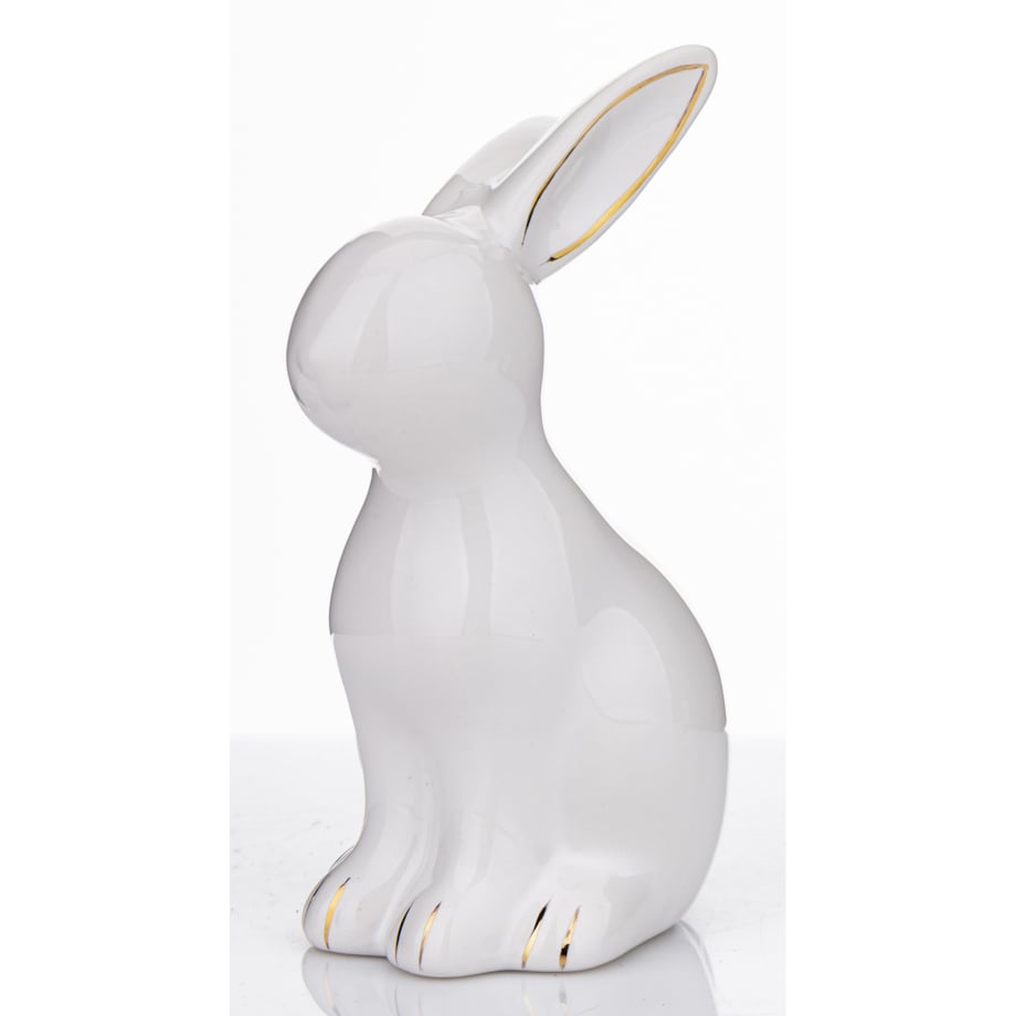 Dekoracja - siedzący biały królik 13x5,5x9 cm z pozłacanymi uszkami