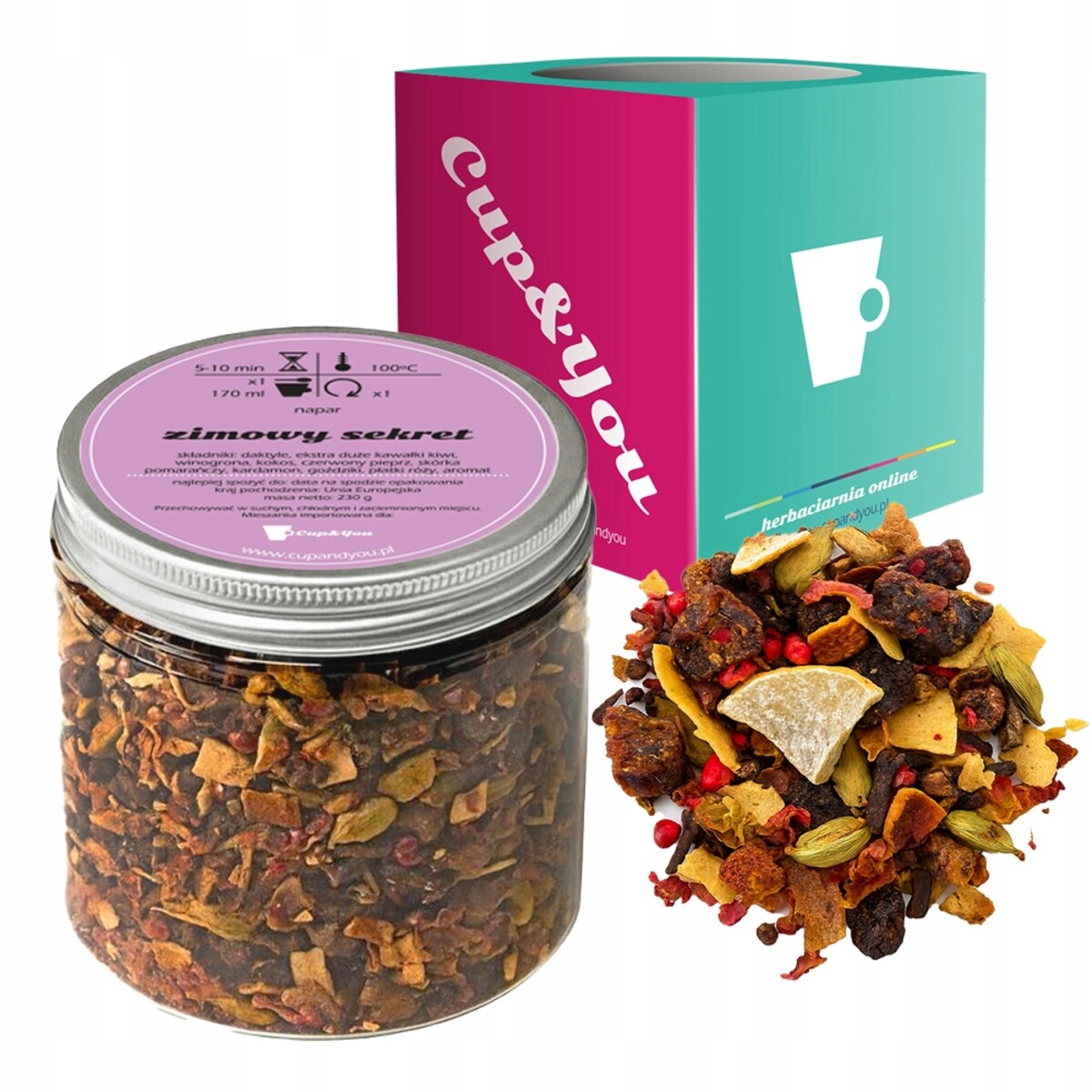 Herbata owocowa ZIMOWY SEKRET - rozgrzewająca mieszanka przypraw i owoców - sypana liściasta herbata PREMIUM na prezent upominek podarunek Cup&You