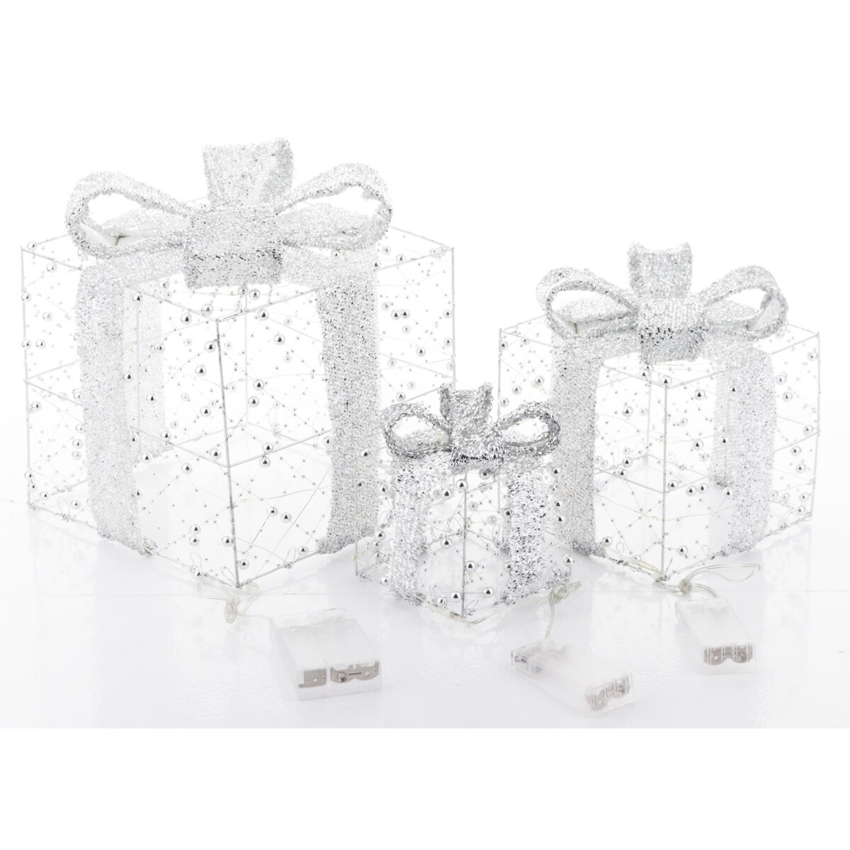 Dekoracja pudełka 3 szt. świecące LED 23x20x20 i 18x15x15 i 13x10x10 cm GABISO srebrny