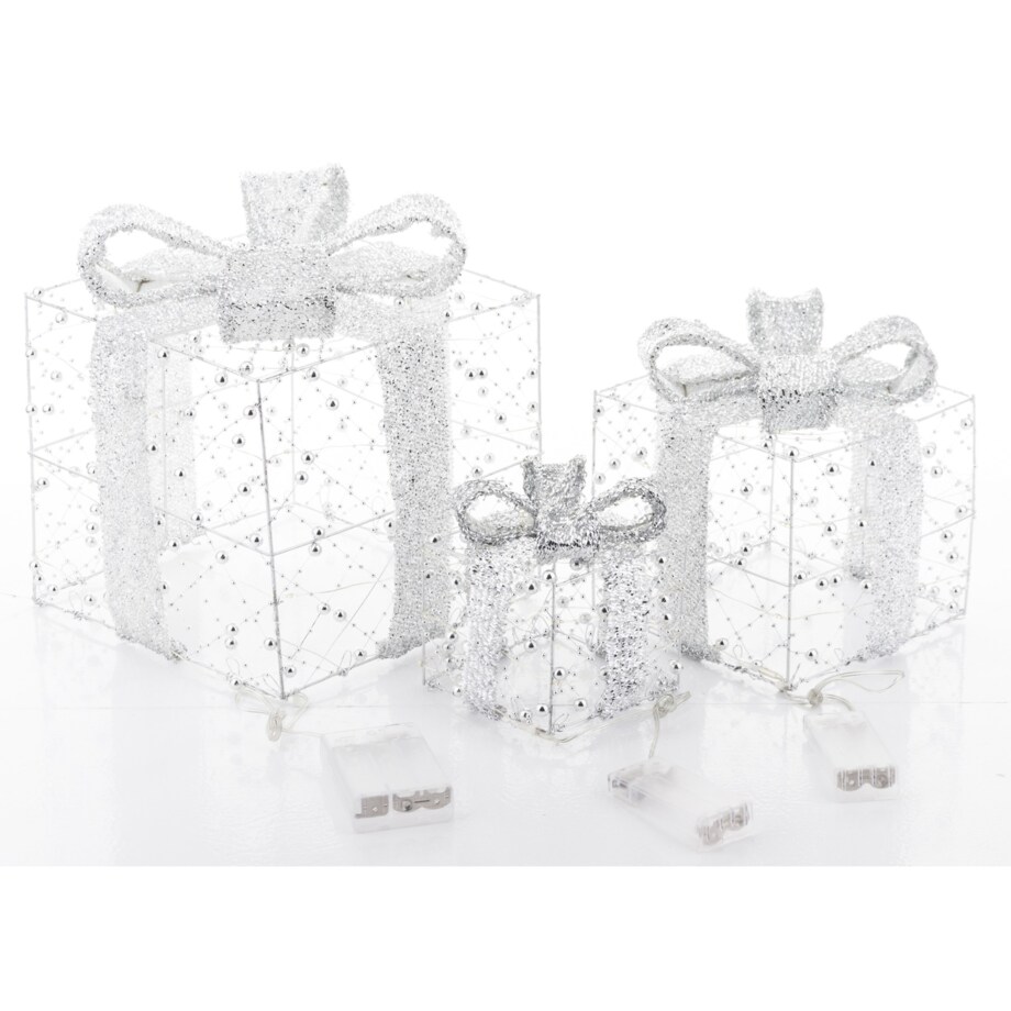 Dekoracja pudełka 3 szt. świecące LED 23x20x20 i 18x15x15 i 13x10x10 cm GABISO srebrny