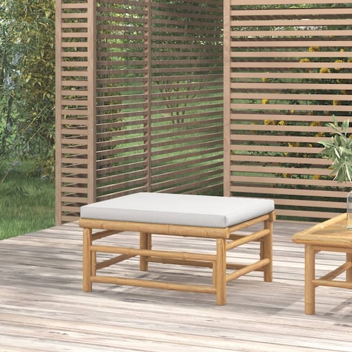 vidaXL Podnóżek ogrodowy z jasnoszarymi poduszkami, bambusowy