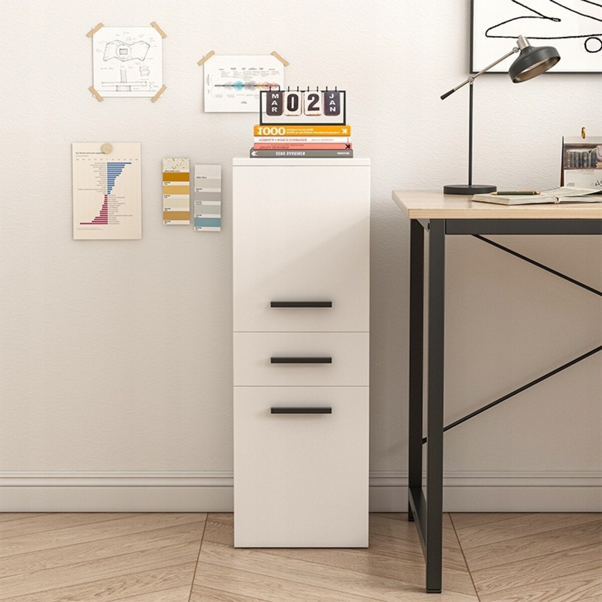 Regał biurowy z szufladą 2 półki szafka biała książki segregatory loft 85cm