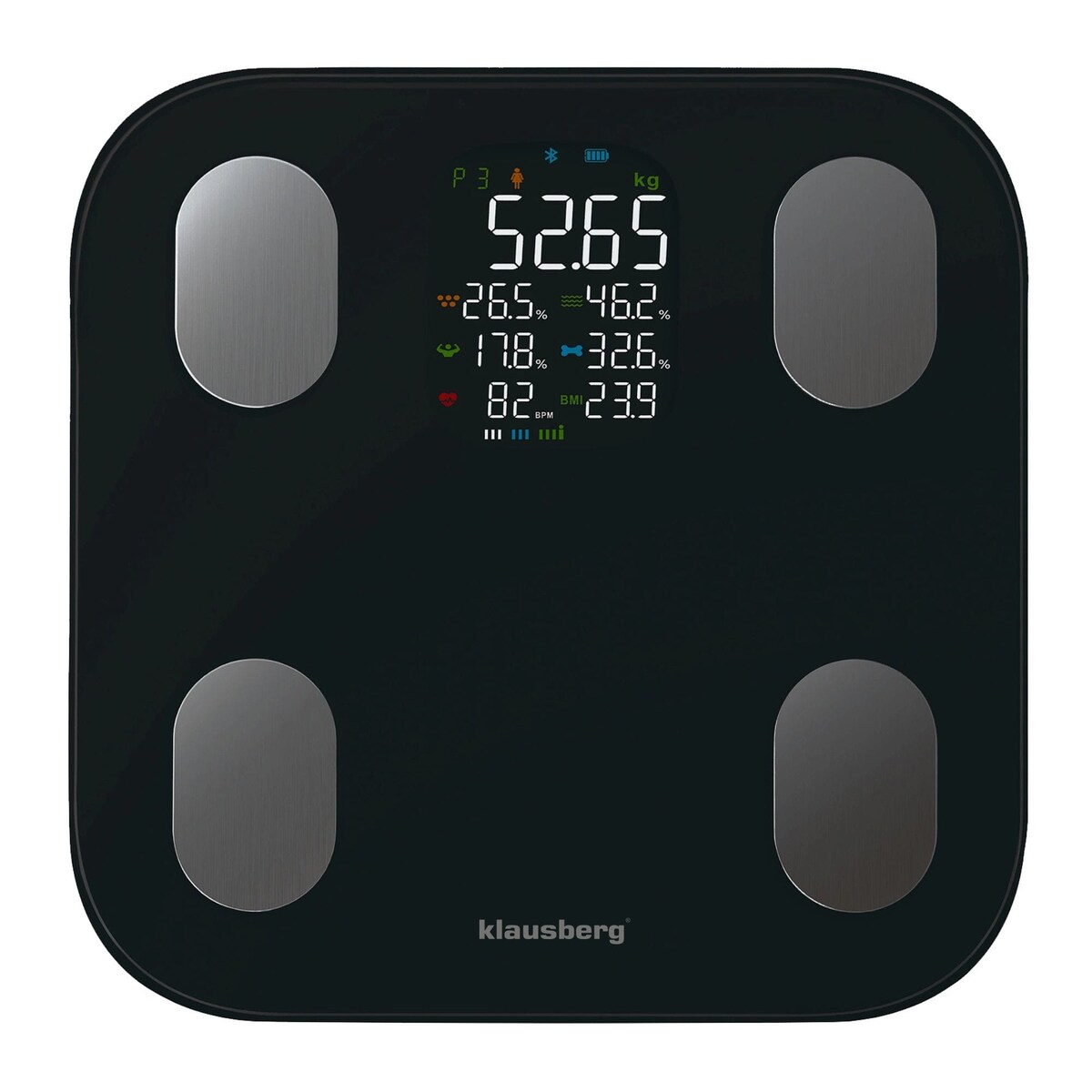 Waga łazienkowa z pomiarem tkanki tłuszczowej i składu ciała, Smart, BT, KLAUSBERG czarna