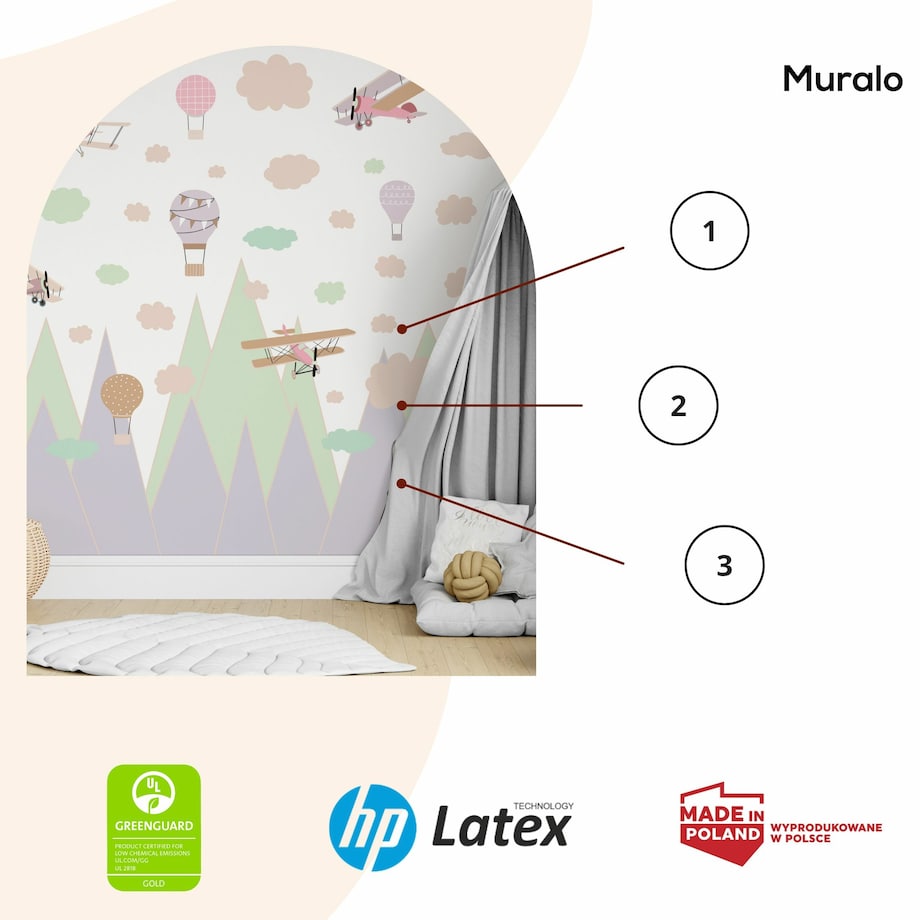 NAKLEJKI ŚCIENNE DLA DZIECI ZIELONE GÓRY BALONY SAMOLOTY STYL RETRO ZESTAW