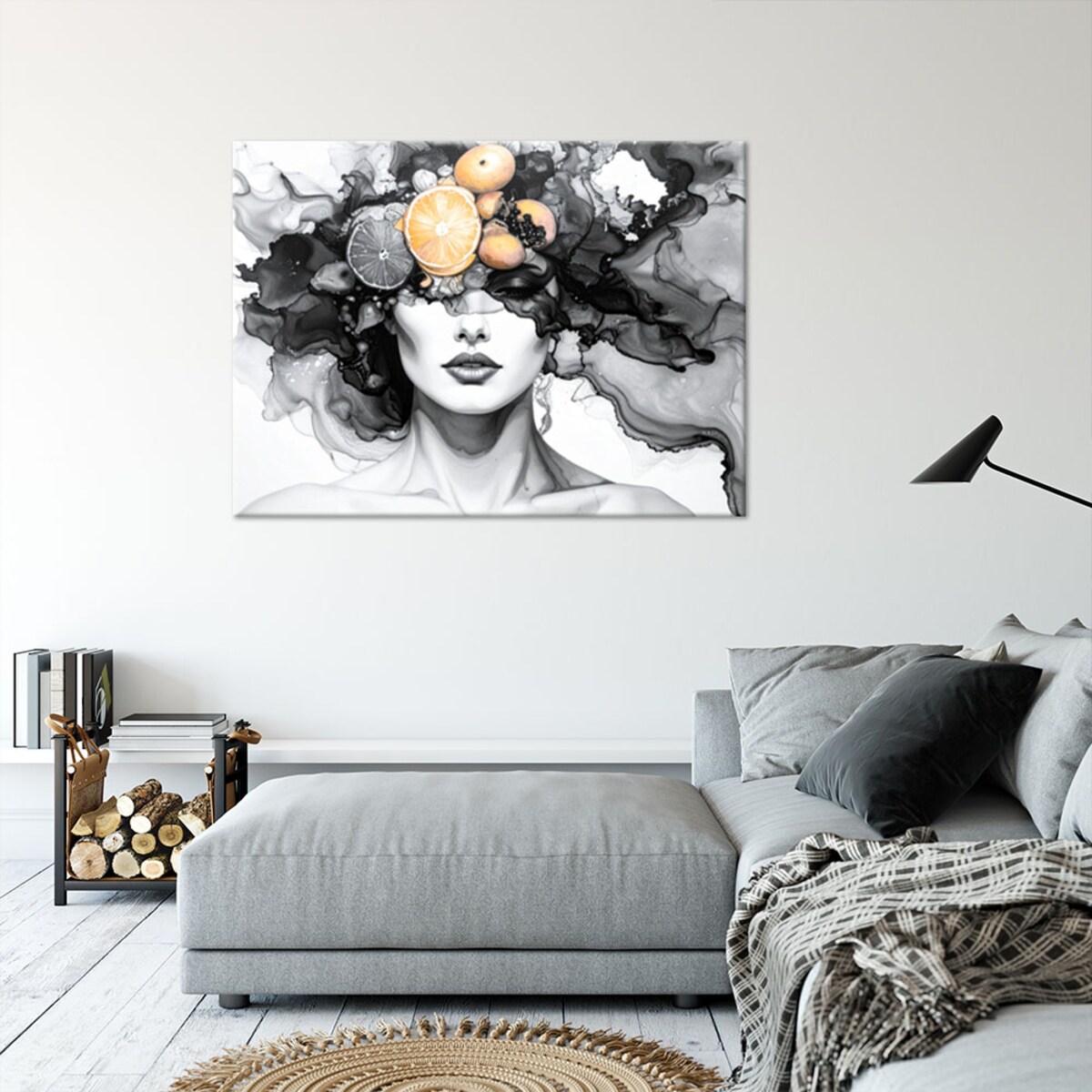 Obraz czarno biały do salonu kuchni, Kobieta z owocami na głowie 60x40