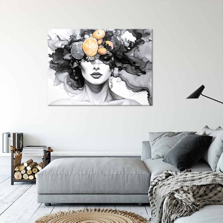 Obraz czarno biały do salonu kuchni, Kobieta z owocami na głowie 60x40