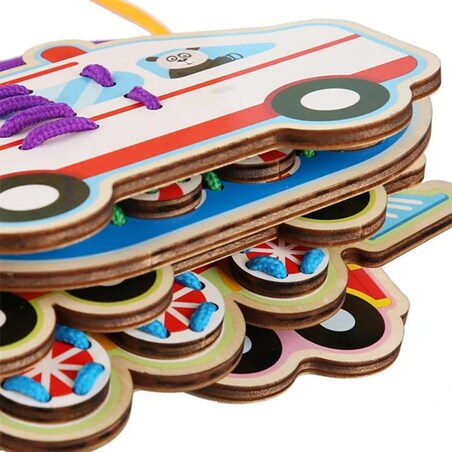 Puzzle drewniane Montessori - sznurówki - nauka wiązania Owoce