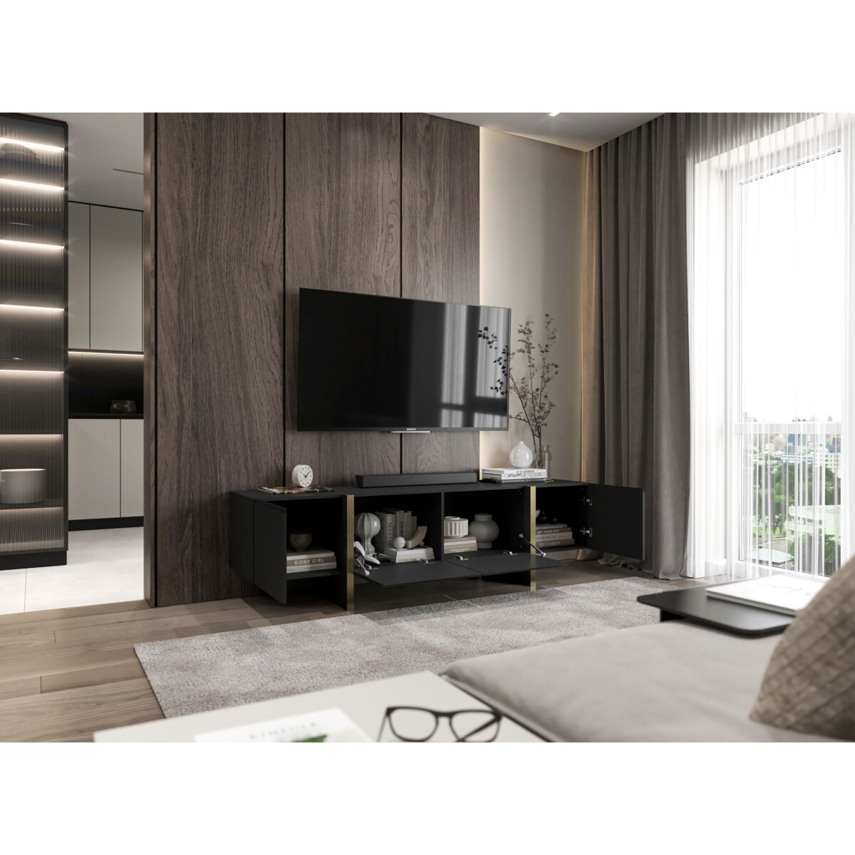 Szafka RTV Kenzo Nowoczesna Komoda RTV Glamour Czarny Mat 180 cm