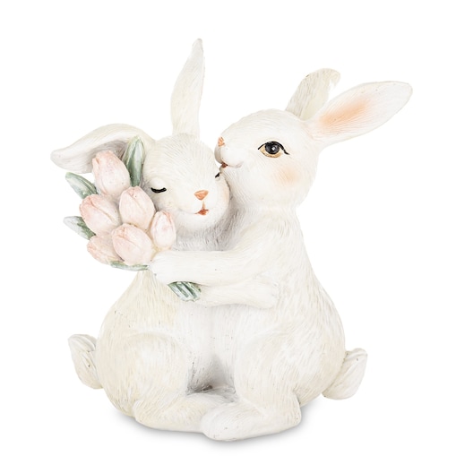 Dekoracja - para króliczków 11x11x6 cm z różowymi tulipanami