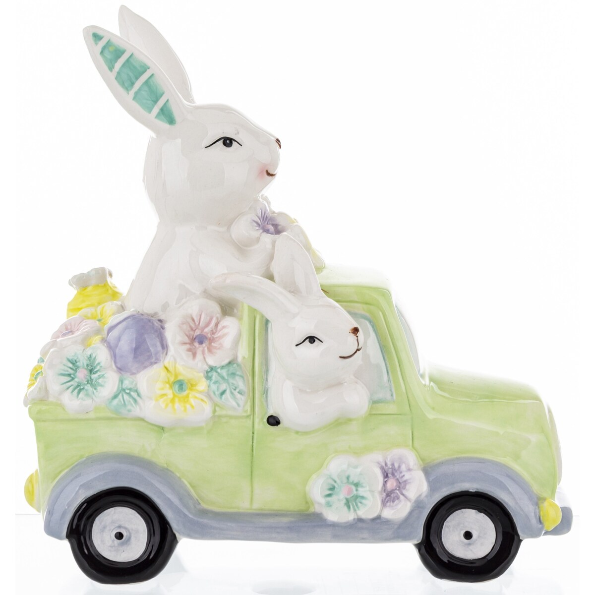 Dekoracja - króliki w samochodzie z kwiatami 20x10,5x19 cm