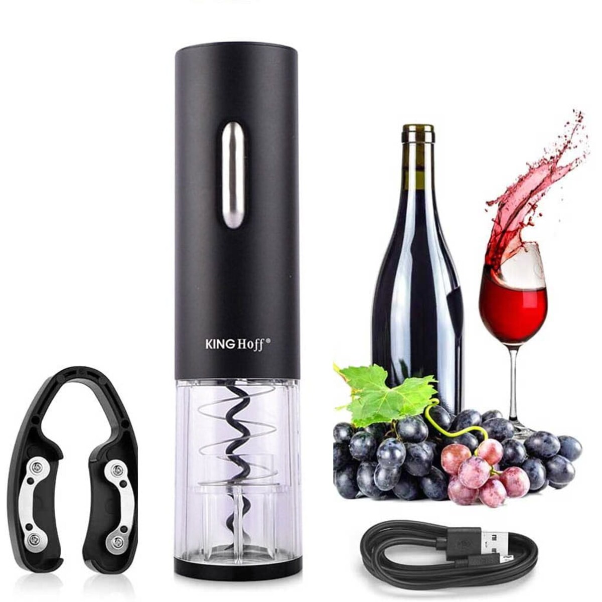 Elektryczny otwieracz korkociąg do wina butelek akumulator czarny KINGHOFF