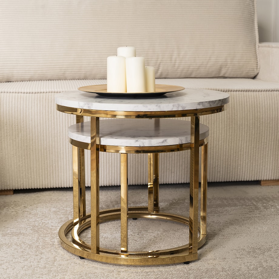 Zestaw Stolik Kawowy Okrągły 2w1 Glamour Ława Loft Biały Marmur Złoty OLIS