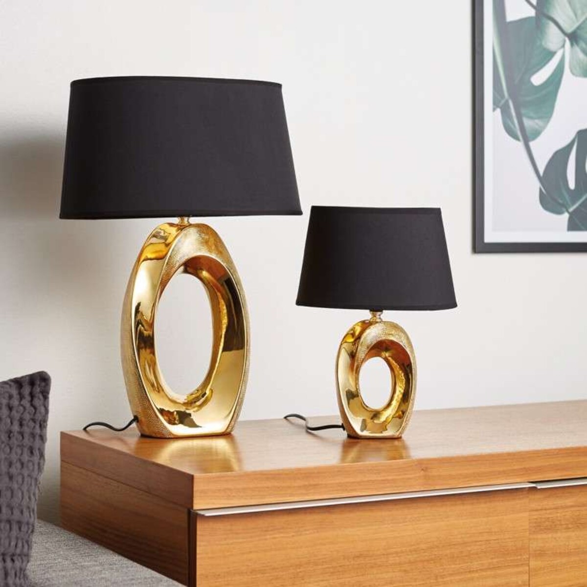 Stojąca LAMPA stołowa TABA R50511079 nocna LAMPKA abażurowa okrągła na biurko czarna złota, RL Light