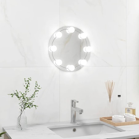 vidaXL Lustro ścienne z lampkami LED, bez ramy, okrągłe, szklane