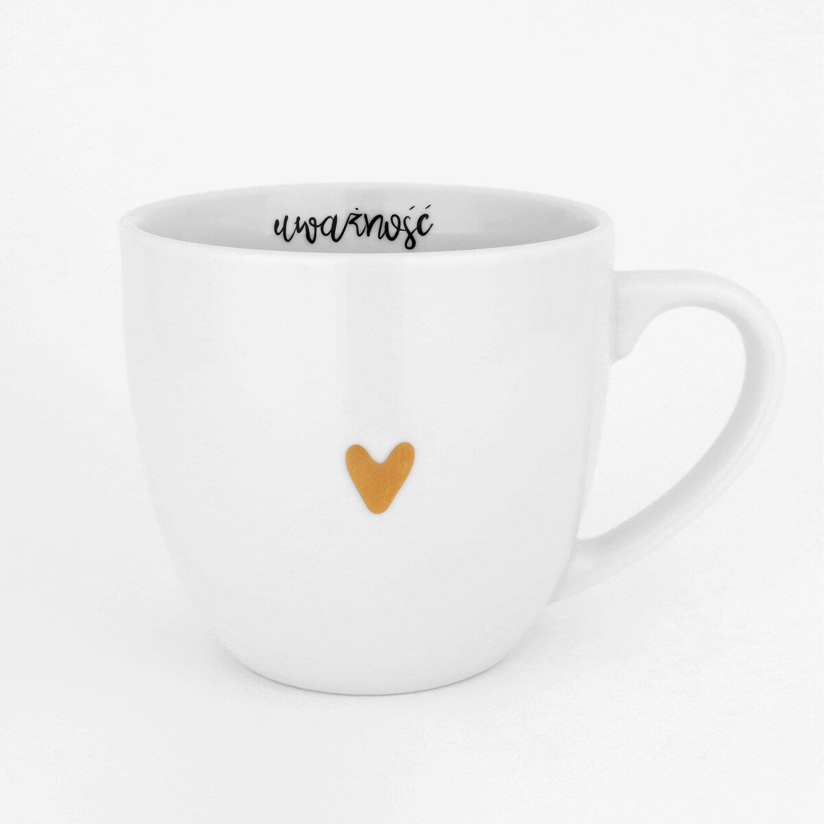 Biały kubek porcelanowy 300 ml „Uważność" ze złotym sercem - prezent na urodziny dla bliskiej osoby, mamy, przyjaciółki