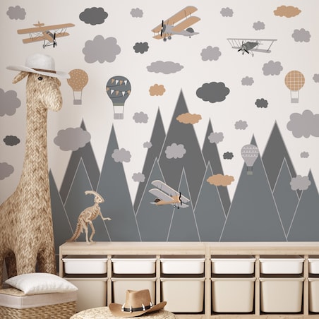 NAKLEJKI NA ŚCIANĘ DLA DZIECI GRAFITOWE GÓRY SAMOLOTY BALONY VINTAGE ZESTAW