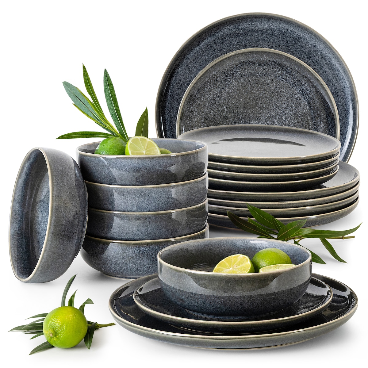 EDA Zestaw obiadowy 6 os. (18 el.), niebieski/szary/beżowy