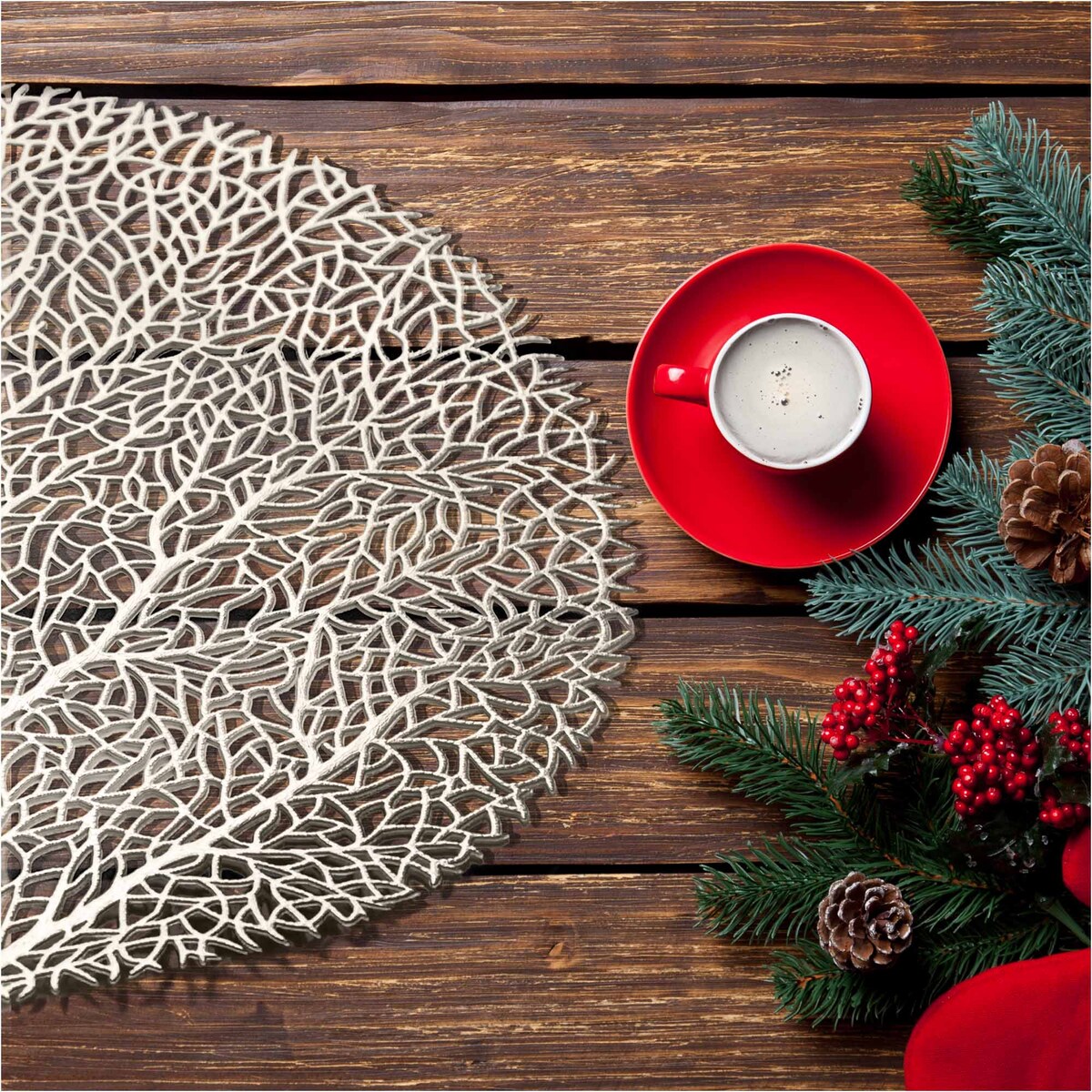 Podkładka Ażurowa Na Stół Mata Stołowa Pod Talerz Ozdoba 38 Cm Drzewo Pvc Srebrna