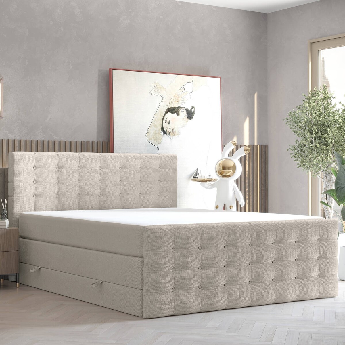 Łóżko kontynentalne STATE 160x200 z pojemnikiem, Jasny Beż, tkanina Megan 353