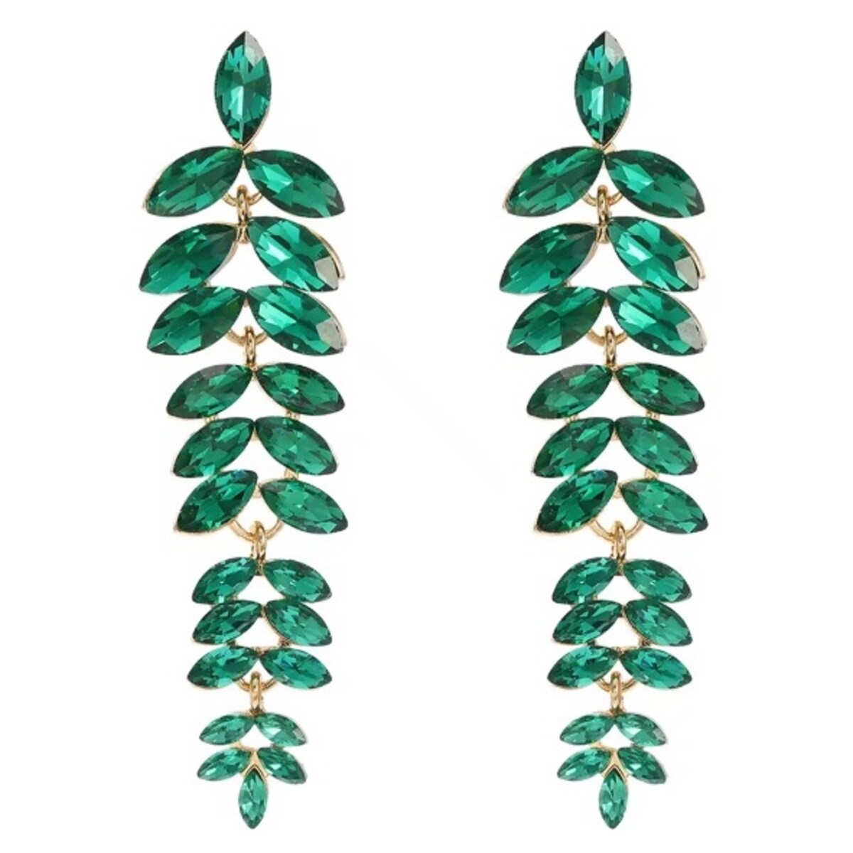 Kolczyki zielone listki długie z cyrkoniami w złotej oprawie