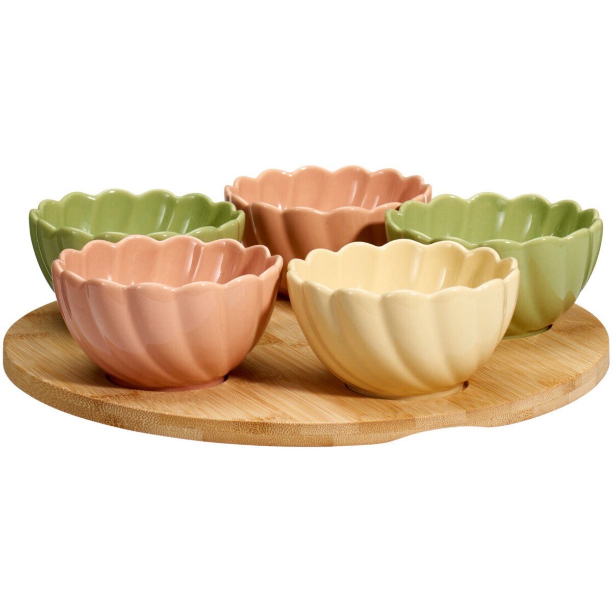 Miseczki na przekąski kwiatki na bambusowej tacy, 5 miseczek + deska