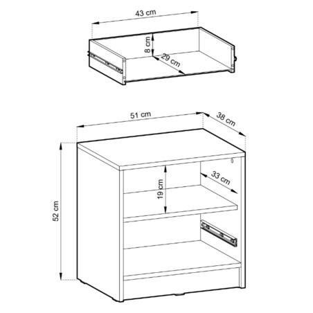 Szafka nocna KELLY z szufladą i półką oraz uchwytem z lameli, Szara