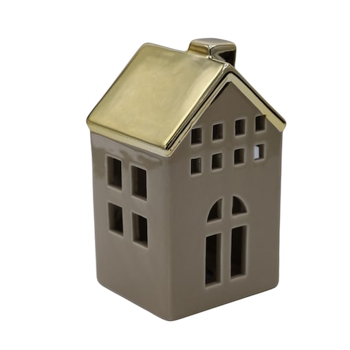 Domek ceramiczny LED, beżowy ze złotym dachem, 9x8,1x15,1 cm