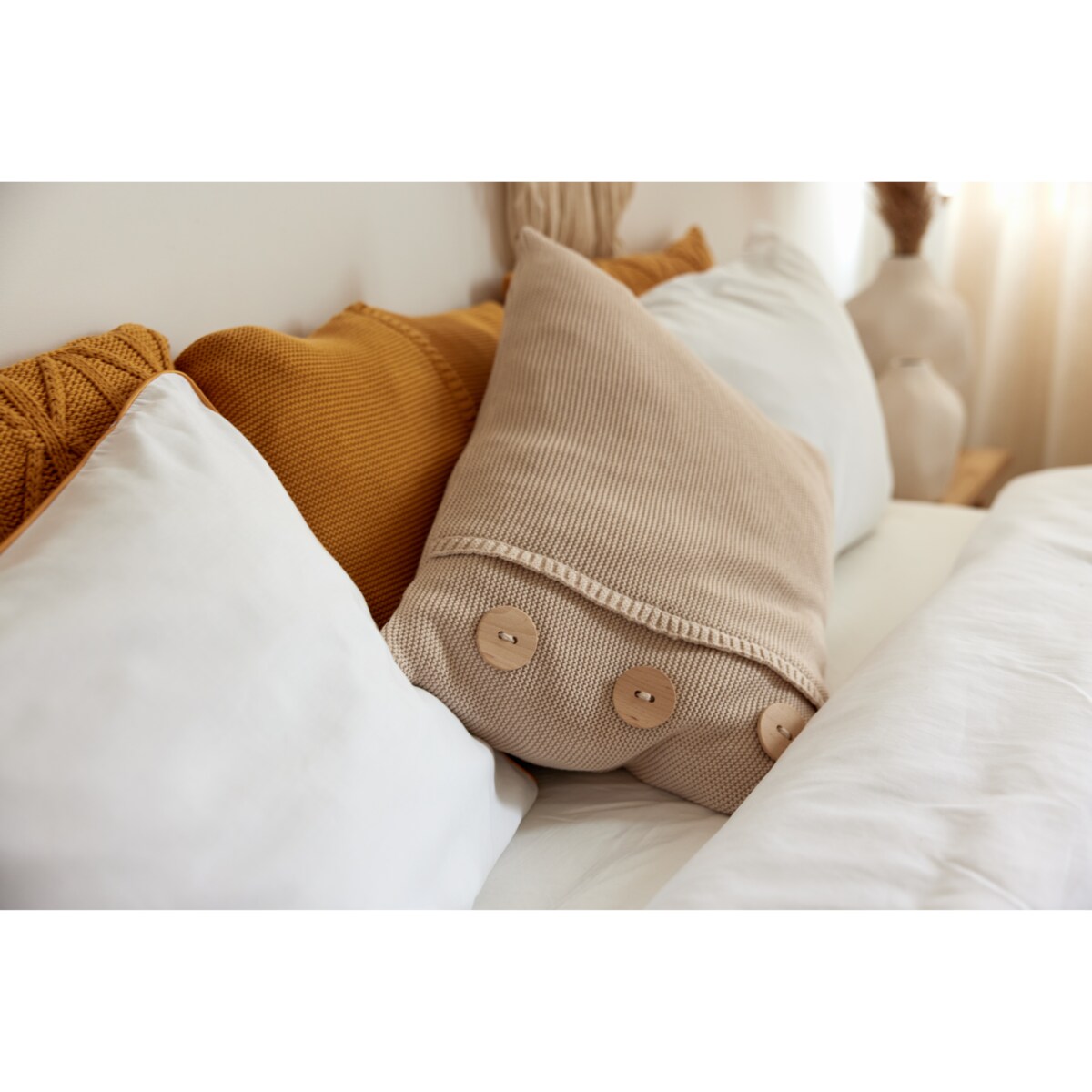 Poszewka klasyczna z przeszyciem musztardowa, 40 x 60 cm, La Manta