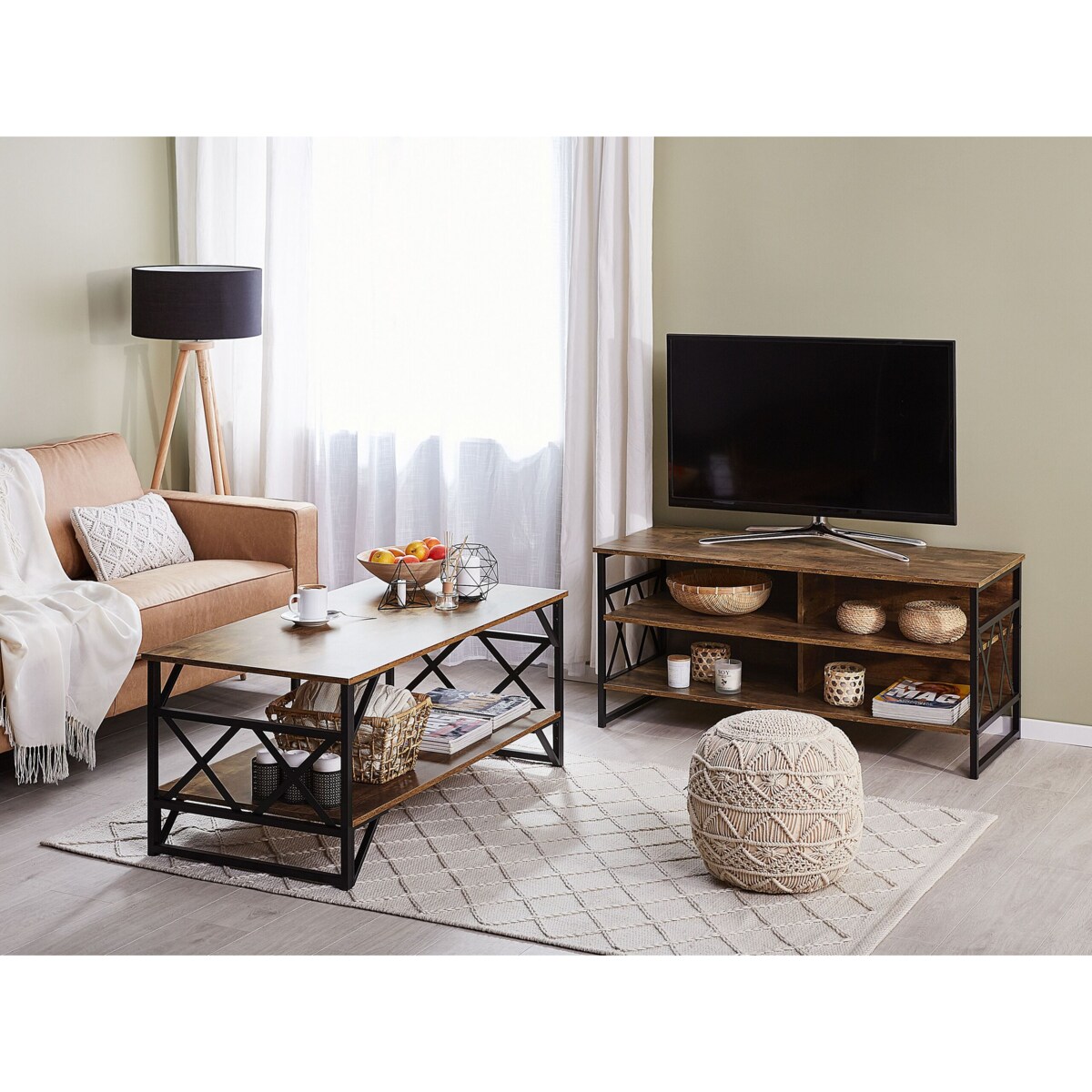 Stolik kawowy z półką ciemne drewno z czarnym BOLTON