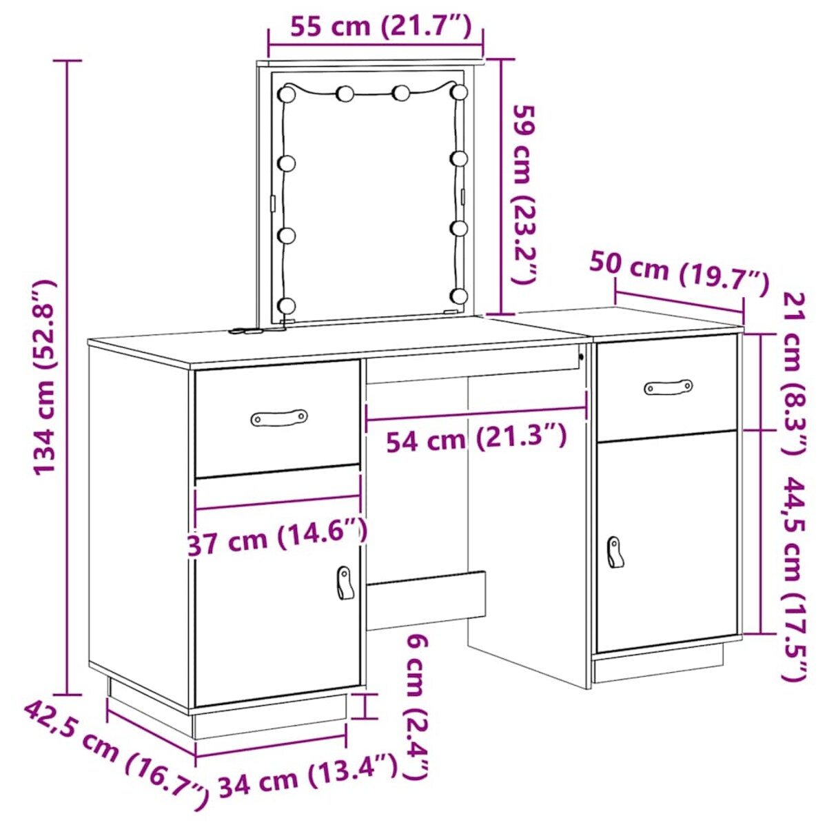vidaXL Toaletka z LED, vit, lite drewno sosnowe