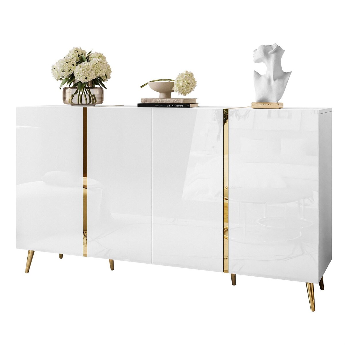 Komoda ONYX 4D 158 cm na złotych nóżkach, biała, push-to-open