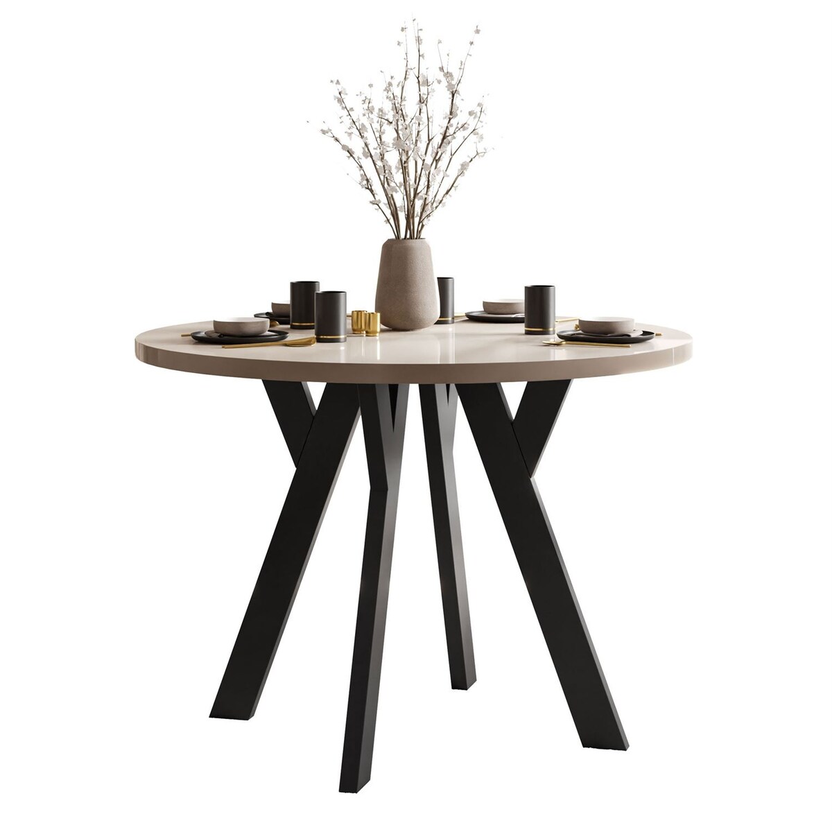 Okrągły stół rozkładany VOLTA GLOSS, nogi czarne, blat kaszmir